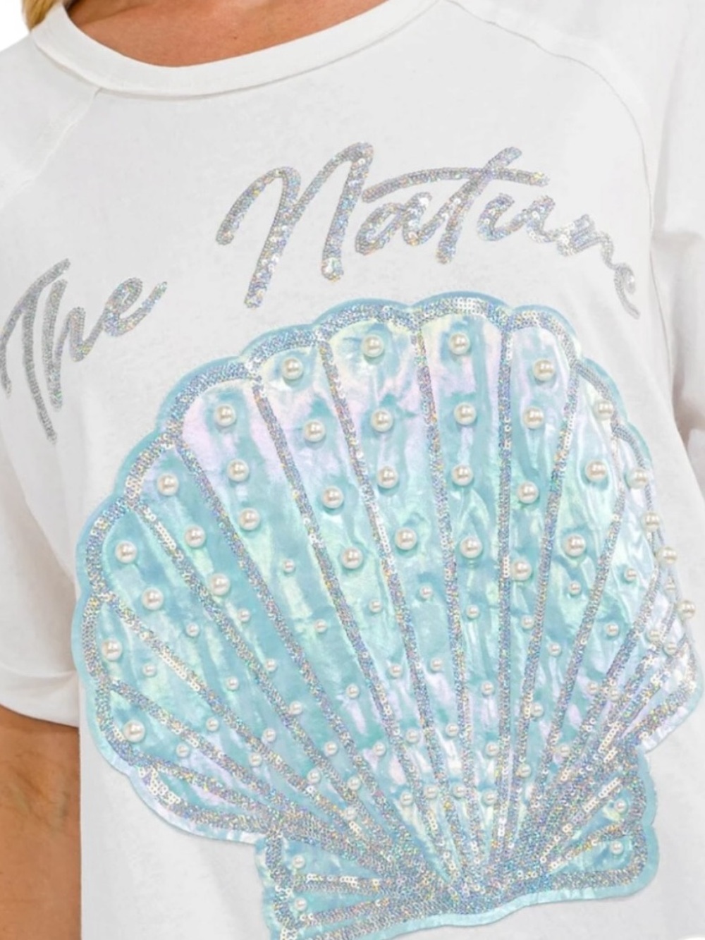 Cotton Pearl Sequin Embellished Graphic T shirt Seashell The Nature